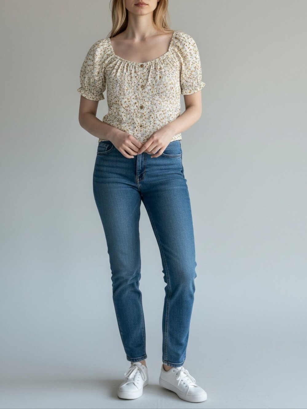 Papaya Floral Puff Sleeve Button-Front Top Womens L Cottagecore Retro Fairy